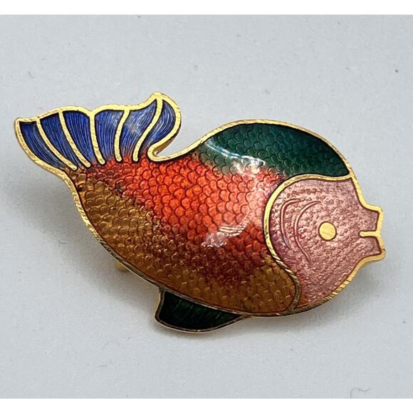 Vintage Cloisonne Tropical Fish Pin Brooch 1.5" Gold Tone Orange Red Saltwater - Picture 1 of 4
